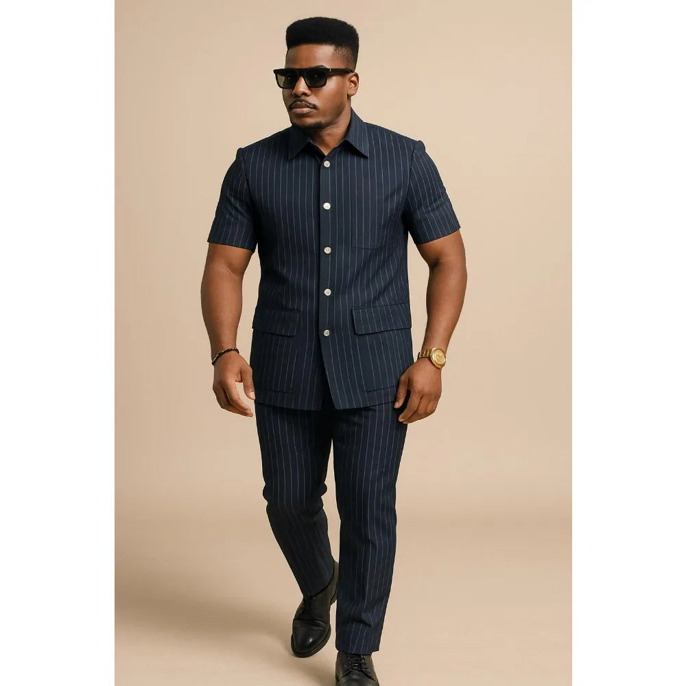 Safari Suits for Men Striped Men Suits with Short Sleeves 2 Pieces Set Summer Stripe Short Sleeve Shirt Pants Business Outfit