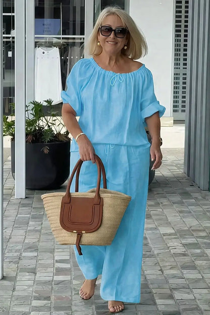 Fashion Casual Woman 2 Piece Set Outfit New Spring And Summer Women's Loose Drawstring Round Neck Top And Pants Two-piece Set