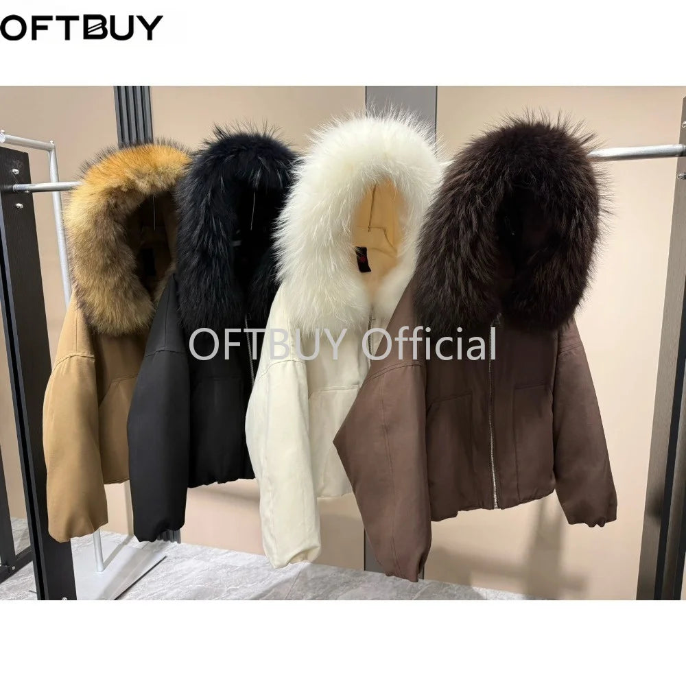 OFTBUY Natural Raccoon Fur Collar Goose Down Jacket Women Cropped Coat Winter Warm Hooded Zipper Windproof Fashion Outerwear