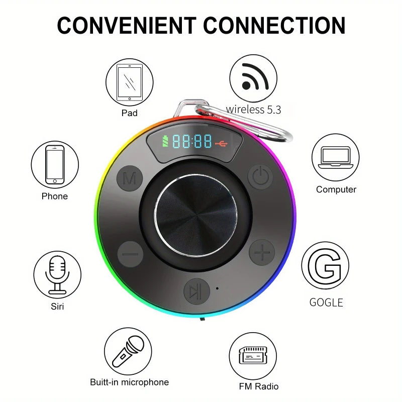 Portable Mini Bluetooth 5.3 Wireless Speaker, Powerful Suction Cup Design With RGB Ambient Light, TWS Stereo Pairing, TF Card & FM Radio Supported For Outdoor Shower Use