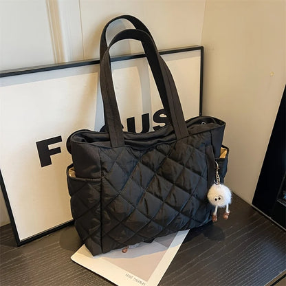 Women's Black & Beige Rhombus Quilted tote bag, Large Capacity Handbag shoulder bag with Quilted Purse for Travel Everyday Use