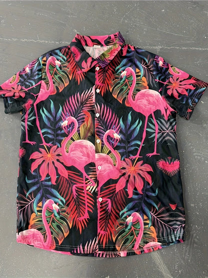 Men'S Summer 2025 Hawaiian Flamingo Pattern Short Sleeve Shirt and Shorts Set Casual Loose Fit for Vacation and Daily Wear