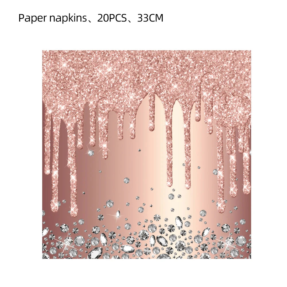 Rose Gold Party Supplies Disposable Tableware Set Diamond Glitter Paper Plate Cup Wedding Birthday Party Decoration Kid Balloons