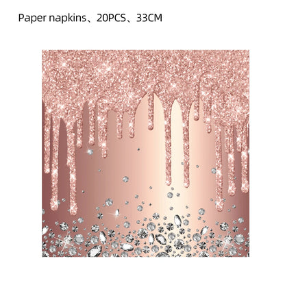 Rose Gold Party Supplies Disposable Tableware Set Diamond Glitter Paper Plate Cup Wedding Birthday Party Decoration Kid Balloons