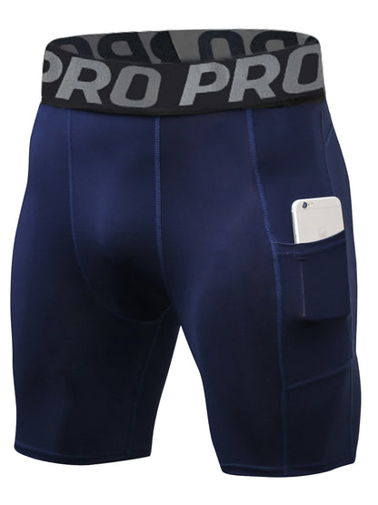 Men's Sports Compression Shorts with Pockets Gym Workout Polyester Boxer Briefs Running Basketball Bike Athletic Short