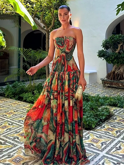 New Pleated Waist Strapless Dress Women's Printed Colorful Long Gown Elegant Fashionable Summer Dress