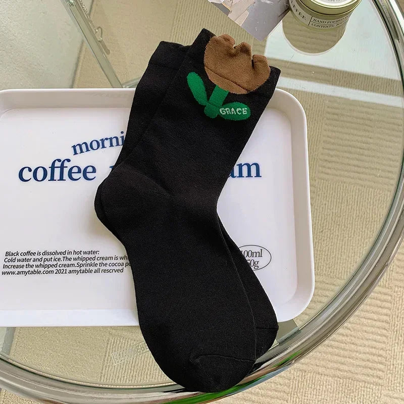 New Style Crew Socks for Women Spring Fashion Cute Flower Long Cotton Socks Japanese Style Breathable Casual Trendy Absorb Sweat