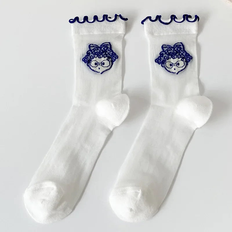 Transparent Crystal Silk Socks Women Fashion Ultra-thin Summer Harajuku Crew Socks Flower Streetwear Elastic Long Mesh Socks