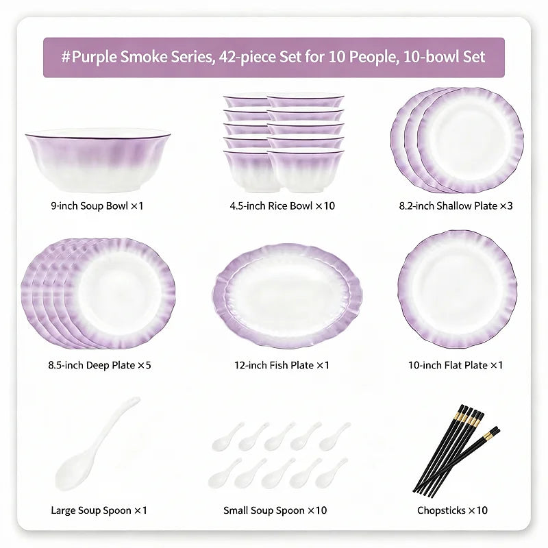 Kitchen Dishware Gift Box Set Gradient Purple Dishware Set Household French Ceramic Rice Bowls and Plates Set Household Smoky Purple Dyed Dishware