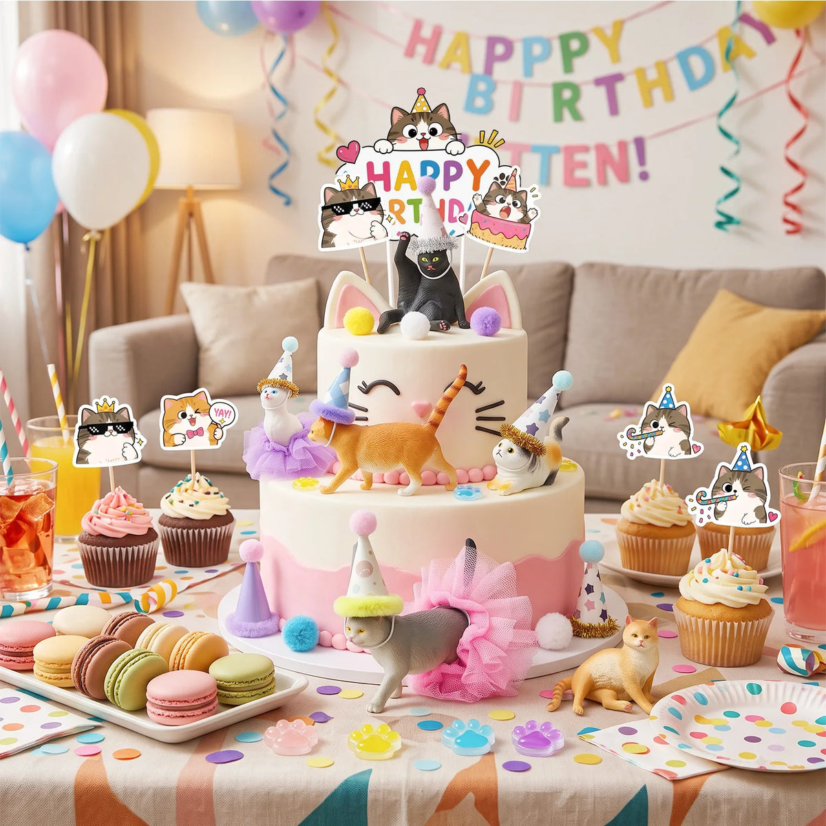 32 Pcs Cat Cake Decorations Set - Cat Party Cupcake Toppers&Cat Cupcake Toppers&Kitten Model Ornament&Cat Paw Cake Decorations etc Cat Birthday Party Decorations