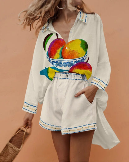Summer Fashion Print Beach Holiday 2-Piece Set Women Long Sleeve Shirt Top+Wide Legs Short Women Oversized Two-Piece Outfit
