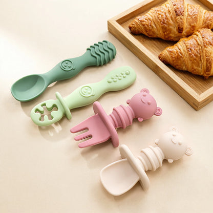 4pcs Silicone Spoon & Fork Set Long & Short Handles for Different Feeding Needs Baby Self-feeding Training Baby Birthday Gift