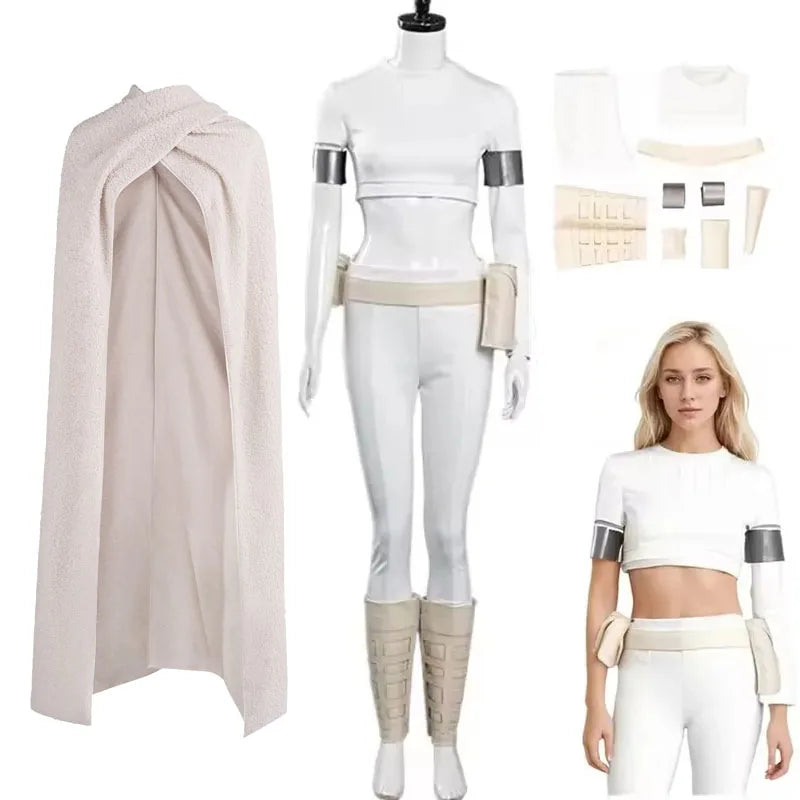 Padme Cosplay Amidala Fantasia Costume White Uniform Cloak Belt Movie Space Battle Disguise for Women Halloween Carnival Suit