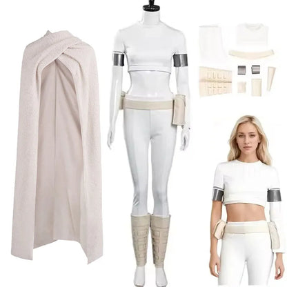 Padme Cosplay Amidala Fantasia Costume White Uniform Cloak Belt Movie Space Battle Disguise for Women Halloween Carnival Suit