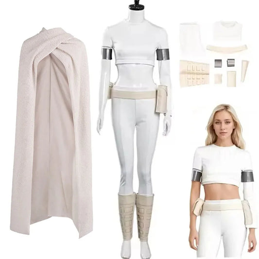 Padme Cosplay Amidala Fantasia Costume White Uniform Cloak Belt Movie Space Battle Disguise for Women Halloween Carnival Suit