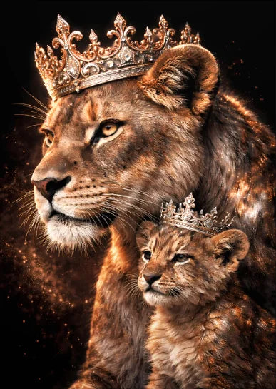 Golden Crown Animals Mother and Baby Canvas Wall Art Lion Bear Wolf Panda Giraffe Owl Cat Poster Decor Living Room Bedroom Gifts