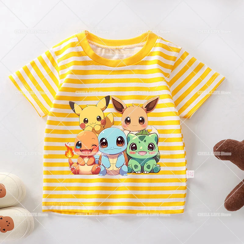 Cartoon Pokemon Stripe T Shirt Cute Pikachu Eevee Bulbasaur Baby Boy Girl Summer Tops Kawaii Toddler Short Sleeve Tee Shirts