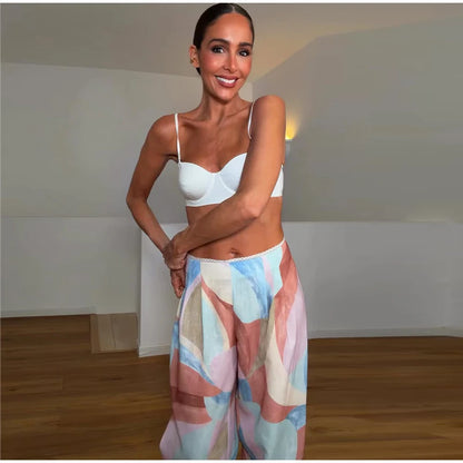 Beach Holiday Print Pants Sets Women Square Neck Sleeveless Lace Up Wide Legs Ruffles Suits Female 2026 Summer New Chic Outfits