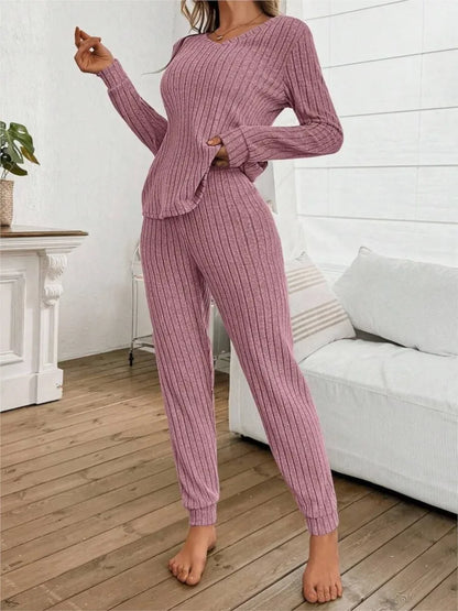 Casual V-neck Knitted Pit Strip T-shirt Long-sleeved Womes Suit Autumn Winter New Slim Fit Trousers Female Home Wear 2-piece Set