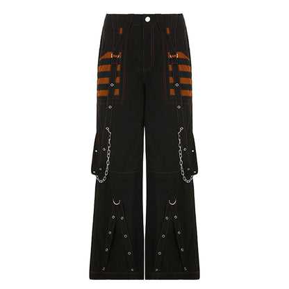 Women Fall Winter Cargo Jeans Striped Zipper Button Closure Loose Casual Trousers Streetwear with Pockets