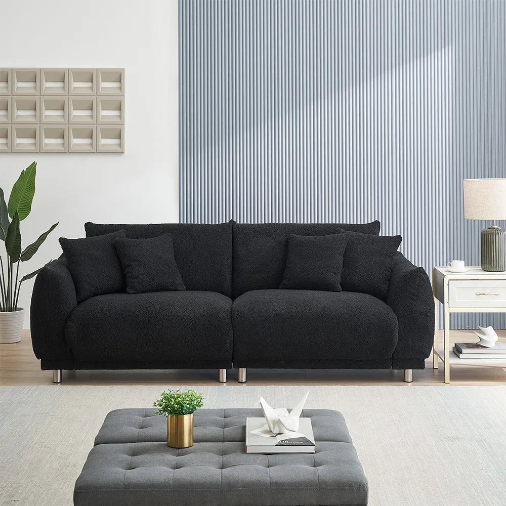86.6 Inch Teddy Fleece Sofa With Four Throw Pillows Hardware Feet Can Sit Comfortably In An Apartment Bedroom Without Taking Up Space