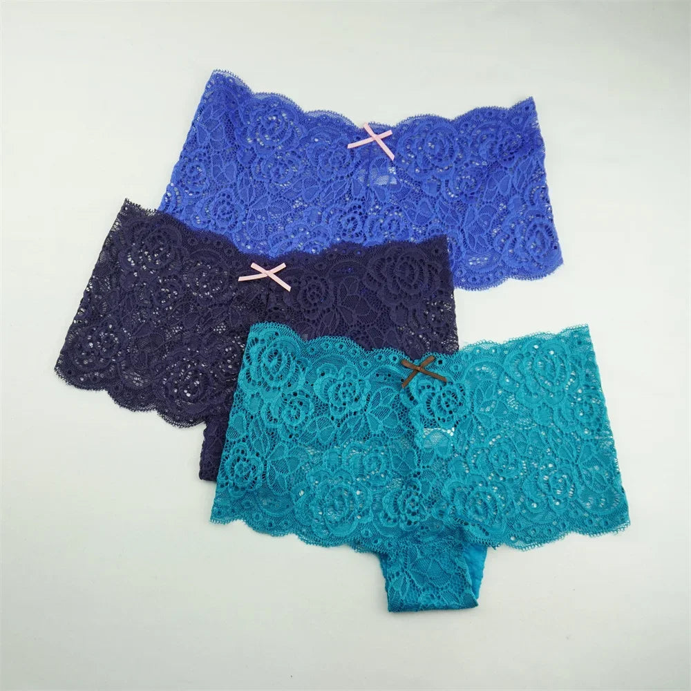 3PCS Transparent Boyshorts Women Underwear Lace Boxers Ladies Plus Size M-XXL Hollow Out Floral Panties Femme Intimates