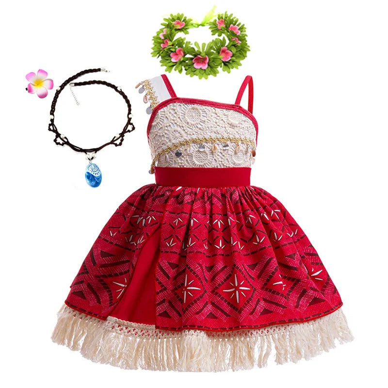 New Movie Moana 2 Dress for Girls Adventure Costume Girl Princess Fancy Clothes Children Vaiana Carnival Party Necklace Pig Set