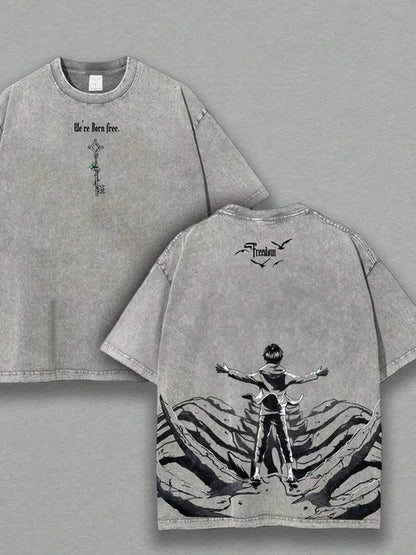 Eren Jaeger Freedom Graphic Tee Attack On Titan Manga Clothing Men Women Cotton T-shirts Retro Washed Tshirt Harajuku T Shirt
