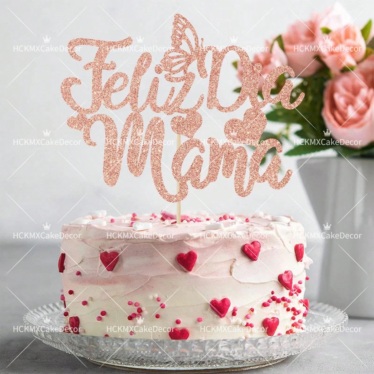 3pcs Feliz Cumpleanos Mama Cake Topper Pink Glitter Spanish Birthday Cake Decoration with Butterflies