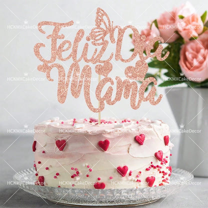 3pcs Feliz Cumpleanos Mama Cake Topper Pink Glitter Spanish Birthday Cake Decoration with Butterflies
