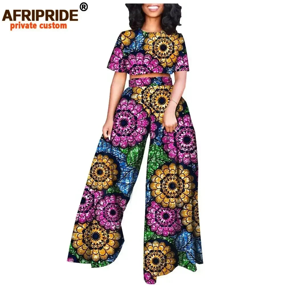 African 2 Piece Set for Women Print Tops and Ankara Pants Dashiki Clothing Tracksuit Short Blouse Outfits Wax AFRIPRIDE A2026001