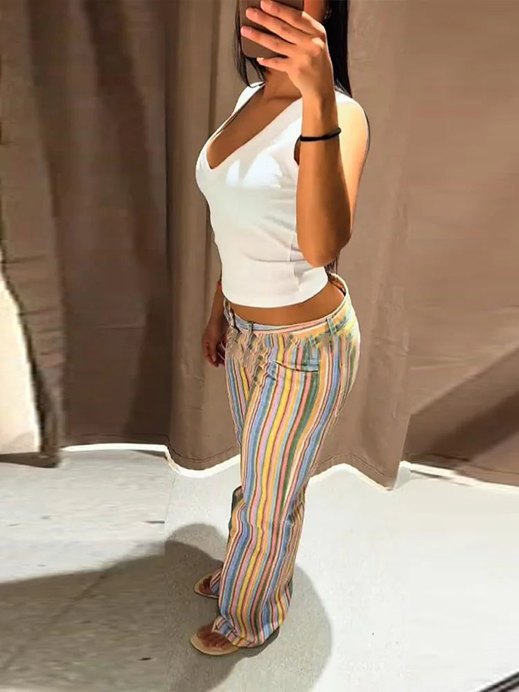 Rainbow Colorful Striped Pants Low-rise Braided Twist Denim Straight Lady Wide Leg Trousers 2026 Spring Summer Chic Casual Jeans