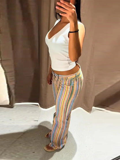 Rainbow Colorful Striped Pants Low-rise Braided Twist Denim Straight Lady Wide Leg Trousers 2026 Spring Summer Chic Casual Jeans