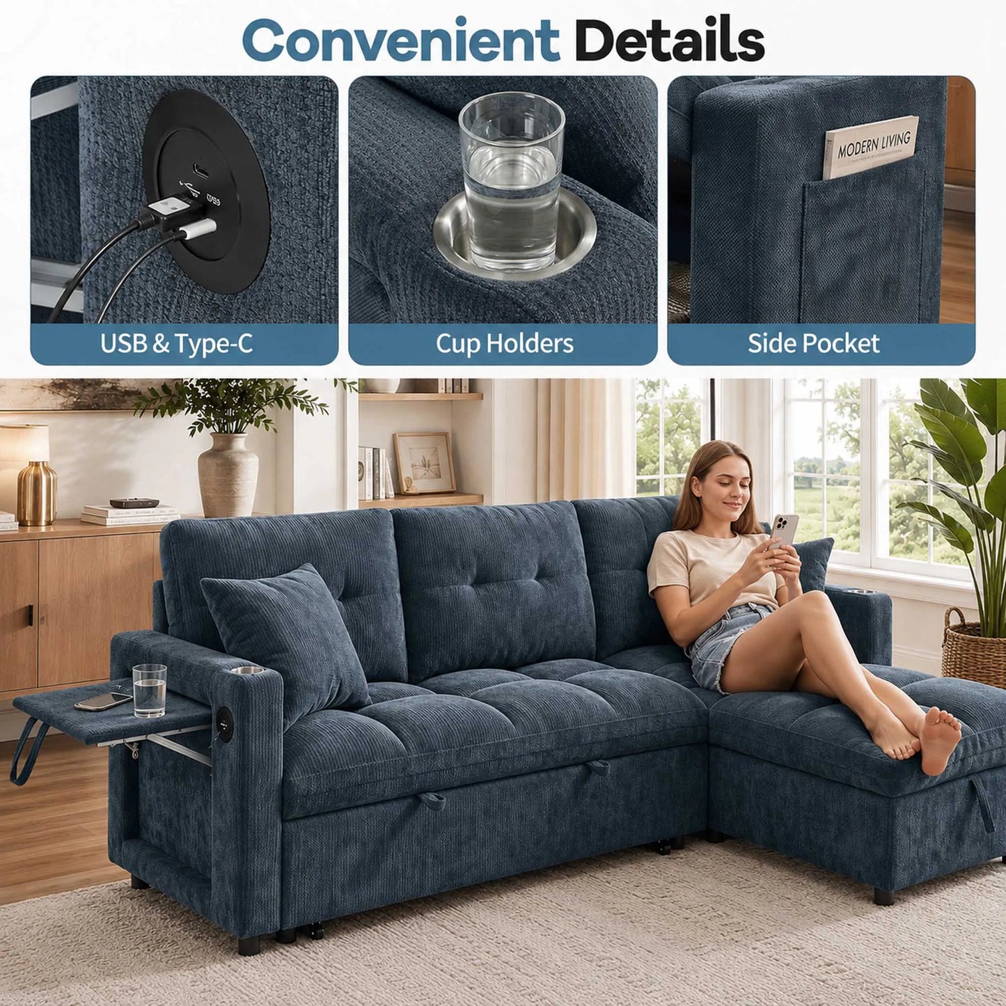 81.8" L-Shaped Sleeper Sofa with Pull Out Bed, Convertible Sectional Couch with Storage Chaise, USB/Type-C Charging and Cup Holders, Plush Chenille Modular Sofa for Living Room, Blue