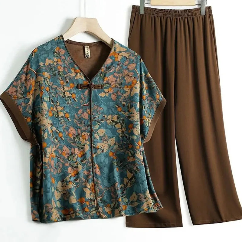 Korean Lady Short Sleeve Blouse Pant 2PCS Middle-aged Mom Large Size 5XL T-shirt Suit Summer Femme V Neck Trousers Two-piece Set