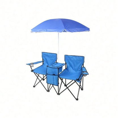 Portable Outdoor 2-Seat Folding Chair With Removable Sun Umbrella Blue, Camping Chair, Beach Essentials