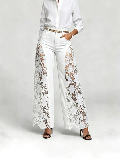 Women High Waist Lace Spliced Wide Leg Denim Jeans Loose Flowy Casual Daily Trousers
