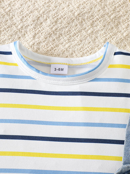 Baby Boy Striped Short-Sleeved T-Shirt + Bear Denim Overalls Shorts Set, Cute Summer Two-Piece Set, Soft and Breathable Childlike Outfit
