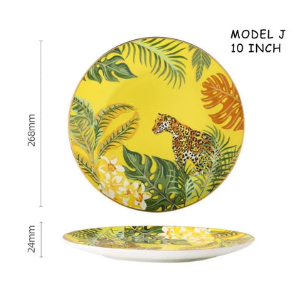 Dinnerware Set Colorful Forest Animal Design Plate Steak Tray Flat Ceramic Tableware 10inch Dish Christmas Gift Gold