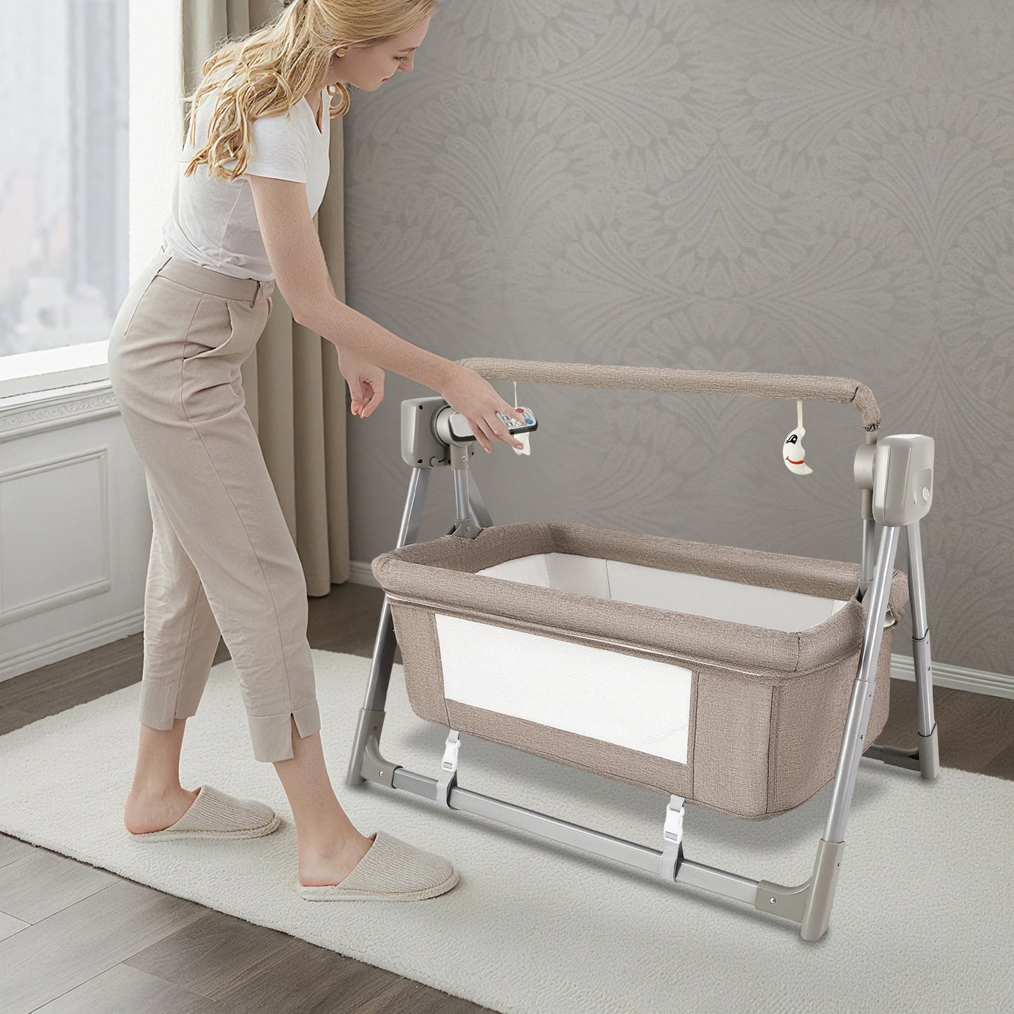 Baby Cradle Swing with Music, 5 Speed Electric Crib Auto Rocking Chair Bed, Foldable Baby Rocker for 0-36 Months, Khaki