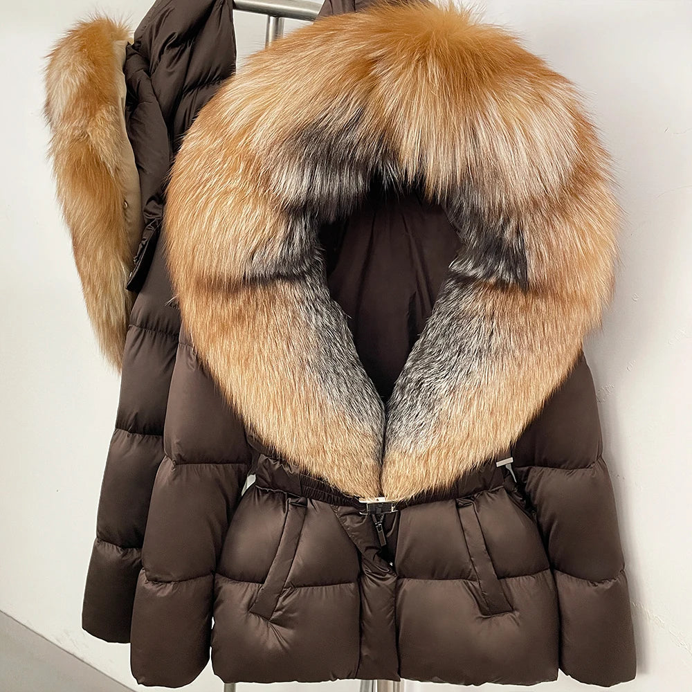 OFTBUY New Fashion Winter Clothes Women Duck Down Coat with Big Natural Fur Collar Belt Hooded Real Fox Fur Puffer Jacket Female