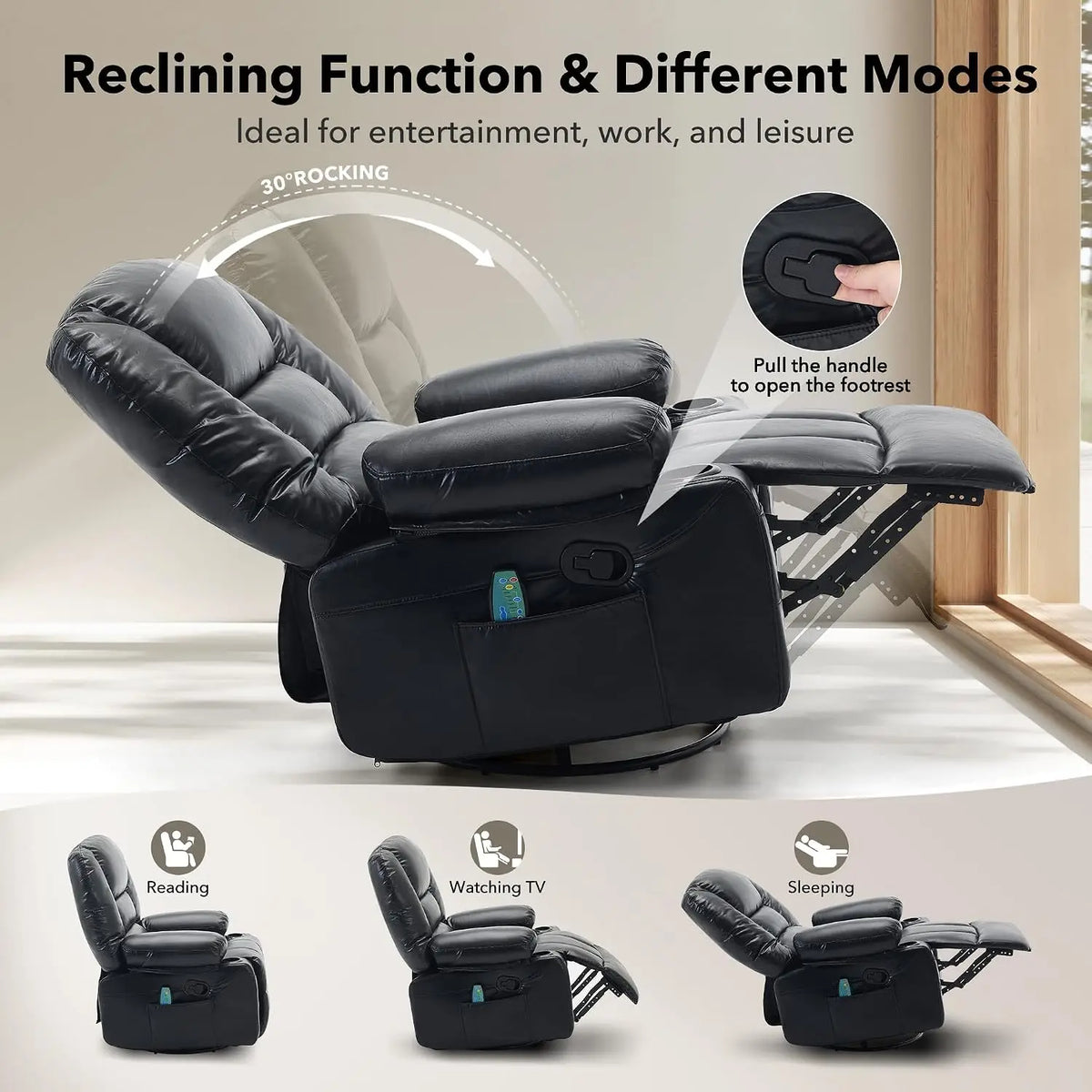 Oversized Recliner Chair, Massage Chair, 360 Swivel, Heat, USB,350 LB Capacity, 8-Point Vibration, Lumbar Heat, 145° Recline, 2 Cup Holders, USB Port, Side Pocket And Retractable Footrest