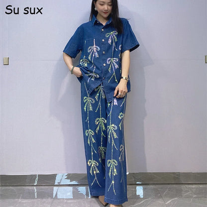 Sequins Bow Short Sleeve Denim 2 Pieces Set For Woman Outfits Casual Wide Leg Pant Sets Y2k Clothes Vestidos Streetwear Outwear