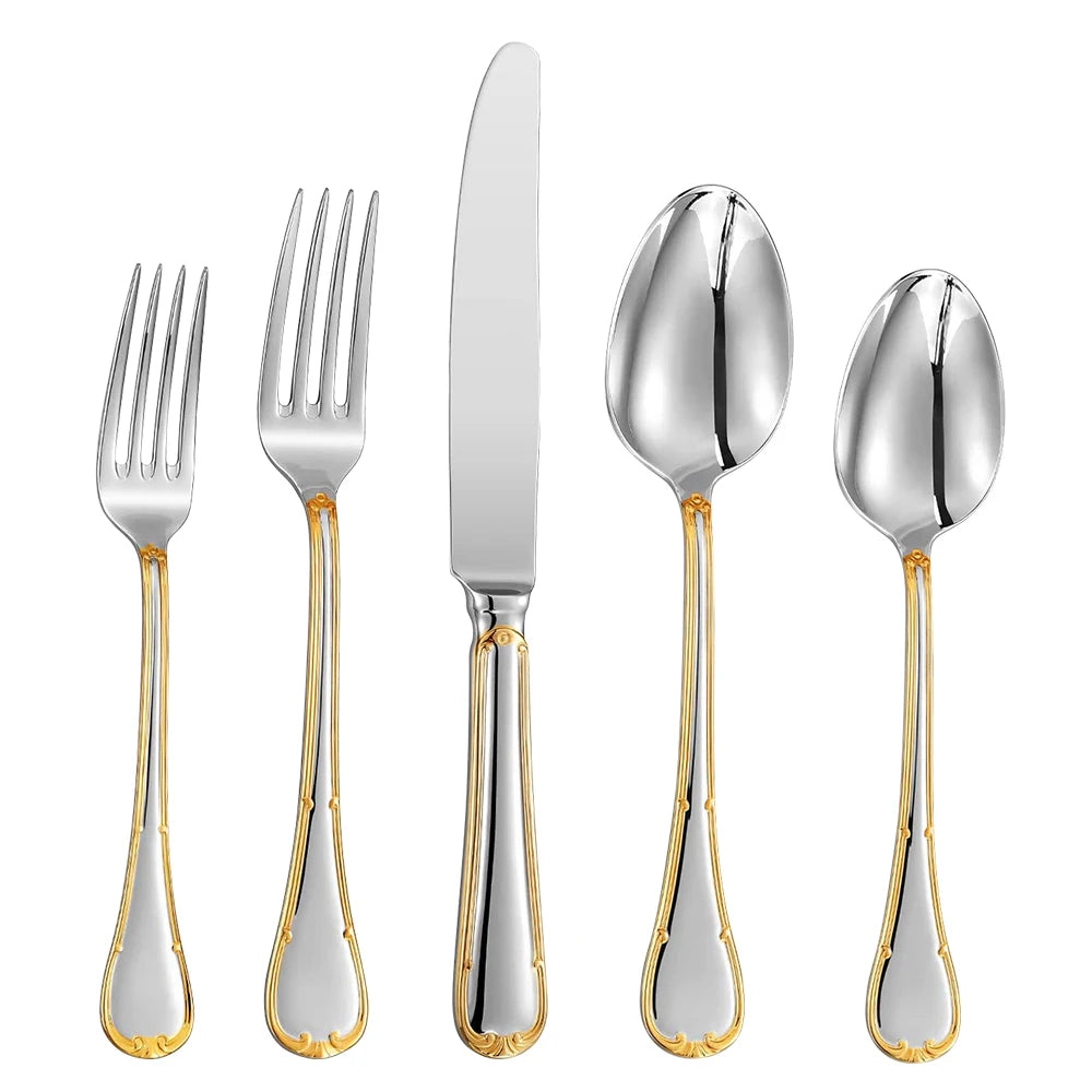 4/5/8/10/12/15/16/20/25 Piece Luxury Gold Accent Cutlery Set Stainless Steel Silverware Wedding Home Flatware Knife Fork Spoon
