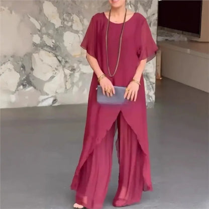 Women Summer Chiffon Pant Sets Short Sleeve Solid Irregular Splicing Long Blouse Wide-leg Pants Casual Loose Trousers Suits Robe