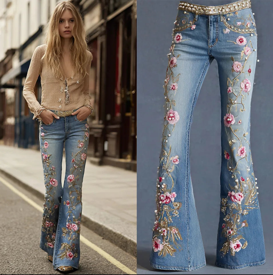 Womens Casual 3D Printed Denim Flared Pants Slim Fit Bell Bottom Jeans Fashion Daily Wear Trousers