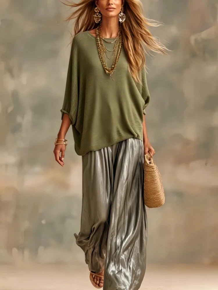 Fashion Women Trousers Suits Loose Round Neck Batwing Sleeve Knit T-shirt with Satin Wide-leg Pants Autumn Elegant Two Piece Set
