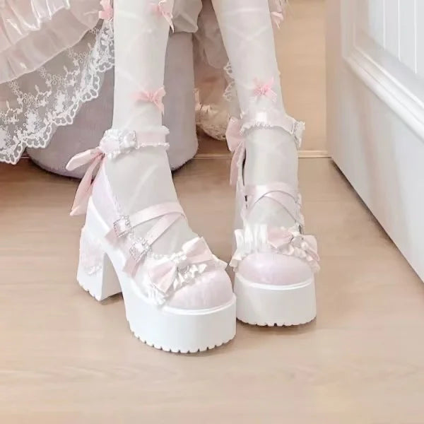 Lovely Girls Pink Lolita Butterfly Knot High Heels Platform Shoes for Women Cute Sakura Dress Mary Janes Beige Size 34-42