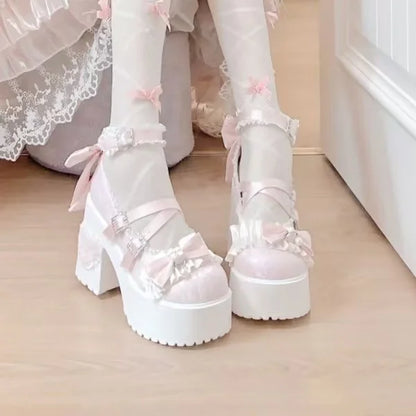 Lovely Girls Pink Lolita Butterfly Knot High Heels Platform Shoes for Women Cute Sakura Dress Mary Janes Beige Size 34-42