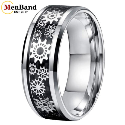 MenBand Unique 6/8mm Tungsten Carbide Rings Wedding Band Gear Wheel Blue Carbon Fiber Inlay Fashion Jewelry Comfort Fit